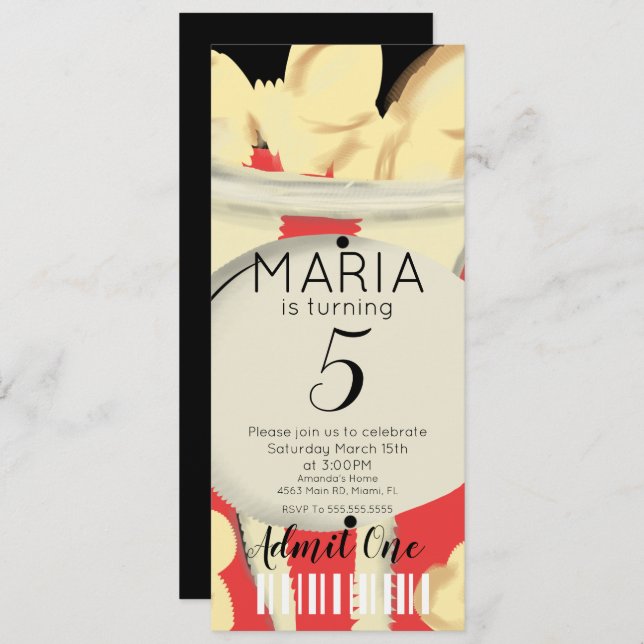 Convite Pipoca Estilo de Tíquete de Filmes Desenhados à Mã (Frente/Verso)