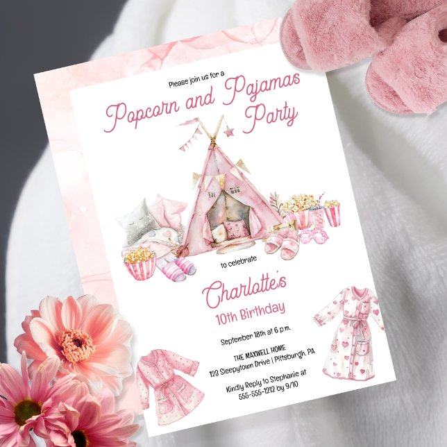 Convite Pipoca rosa e Festa de aniversário de pijama (Cute Pink Boho  Tent Girl's "Popcorn and Pajama's [Birthday] Party" Invitation)