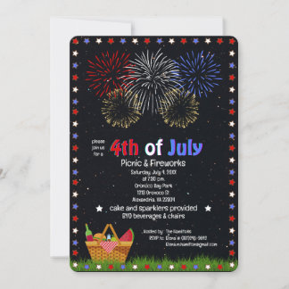 Convite piquenique de 4 de julho sob fogo de artifício céu