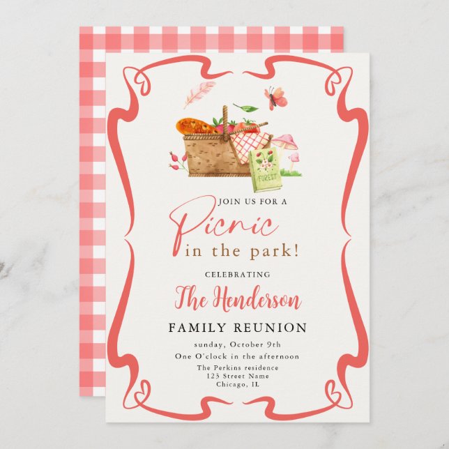 Convite Piquenique divertido de vermelho de verão na reuni (Frente/Verso)