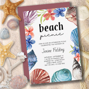 Convite Piquenique na Praia com Conchas e Flores Tropicais