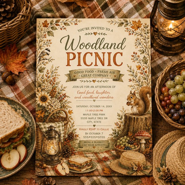 Convite Piquenique Outonal Rústico de Madeira  (Woodland picnic invitation)
