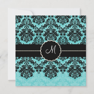 Convite Piquês PixDezines, Damask / Black+Aqua Blue Velve