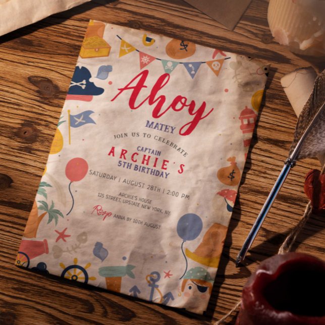 Convite Pirata festa de aniversário Ahoy Matey Boy (Ahoy Pirate Birthday Invitation Template Editable Digital)