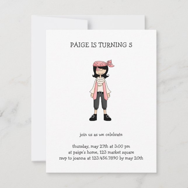 Convite Piratas Rosa ・ Rapariga Pirata #10 (Frente)