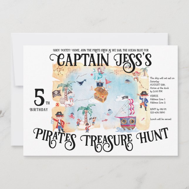 Convite Piratas Treasure Hunt Map Kids Boy Aniversário (Frente)