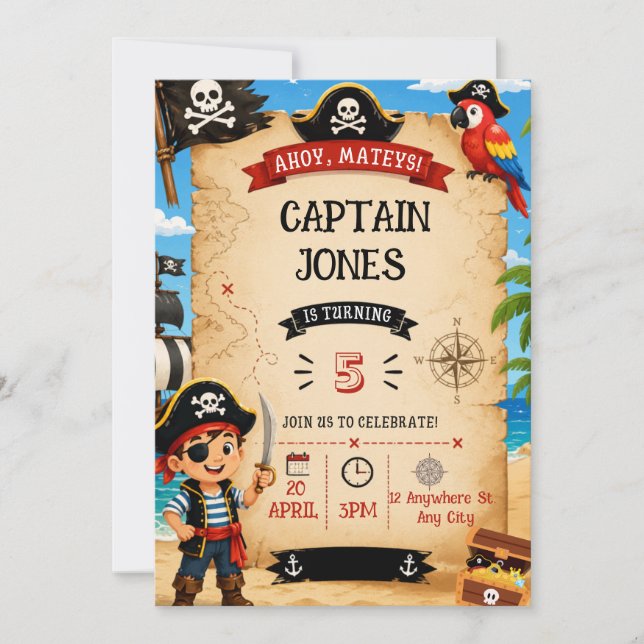 Convite Pirate Birthday Party Invitation for Boys (Frente)