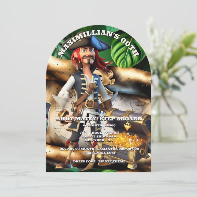 Convite Pirate captain treasure chest boys theme birthday  (Em pé/Frente)