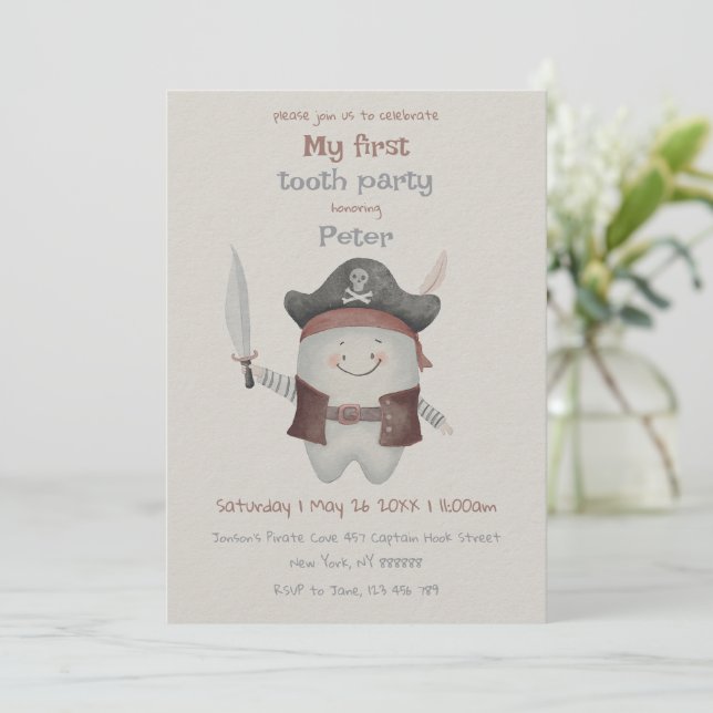 Convite Pirate First Tooth Party Invitation (Em pé/Frente)