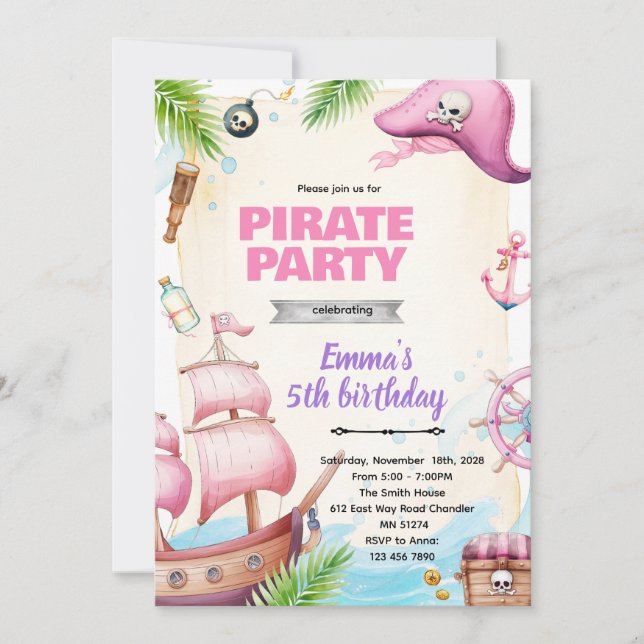 Convite Pirate girl birthday theme invitation (Frente)