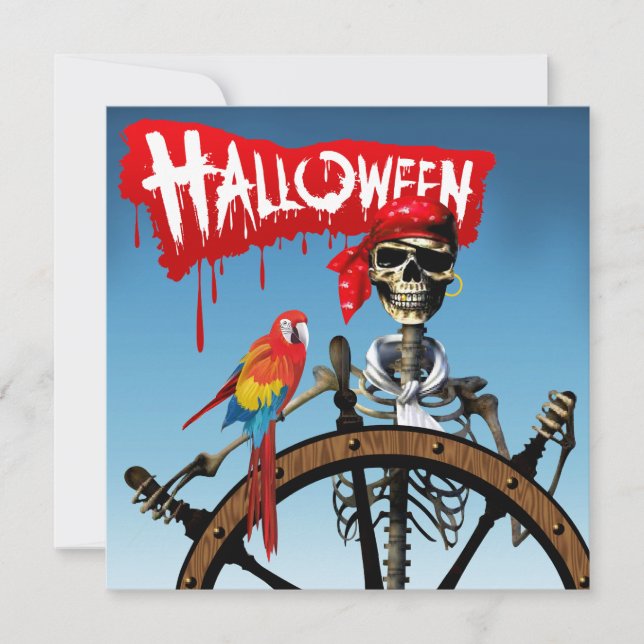 Convite Pirate Skeleton Sailor com a Festa de Macaw Hallow (Frente)