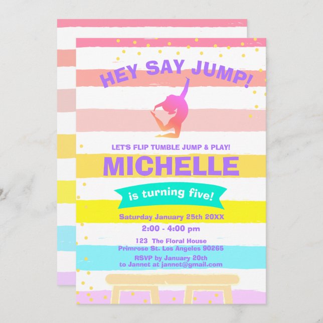 Convite Pirouette Rainbow Ballerina Gymnastics Aniversário (Frente/Verso)