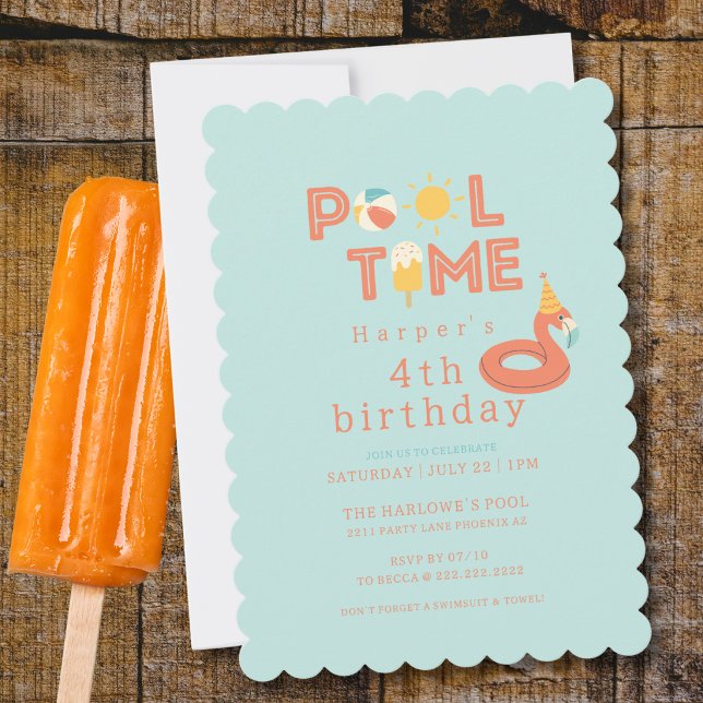 Convite pirulito de flamingo de verão festa de aniversário (pool time flamingo beach ball popsicle sun birthday pool party personalized invitation)