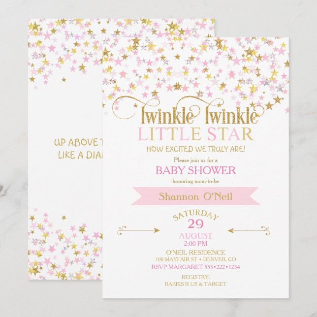 Convite Pisca Pisca Estrela Chuveiro de Bebê Rosa Dourado (Frente/Verso)