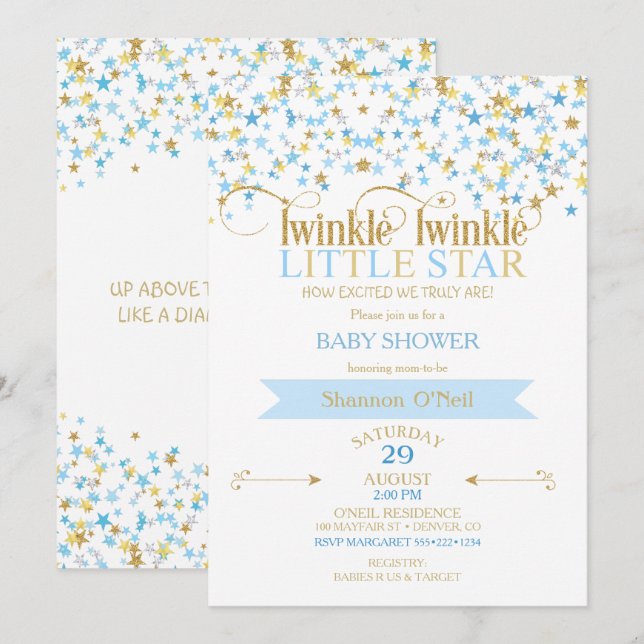 Convite Pisca Pisca Estrela Dourado & Azul Bebê (Frente/Verso)