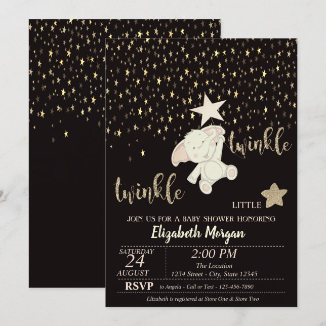 Convite Pisca Pisca Estrelinha Preto, Dourado, Chá de Bebê (Frente/Verso)