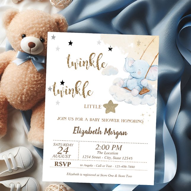 Convite Piscar Piscar Urso Azul Lua Estrelas Chã de Bebê (Criador carregado)