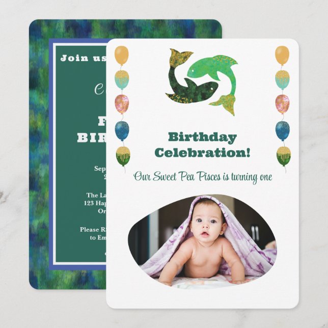 Convite Pisces 1st Birthday Photo Impressionist Gold  Invi (Frente/Verso)