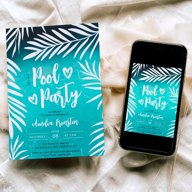 Convite Piscina azul de folha de palma tropical Doce 16 (Criador carregado)