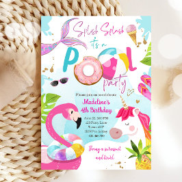 Convite Piscina Bash Unicorn Mermaid Flamingo Birthday