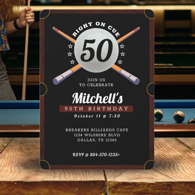 Convite Piscina Billiards 50ª Festa de aniversário Preto (Pool Billiards 50th Birthday Party Black Invitation
)