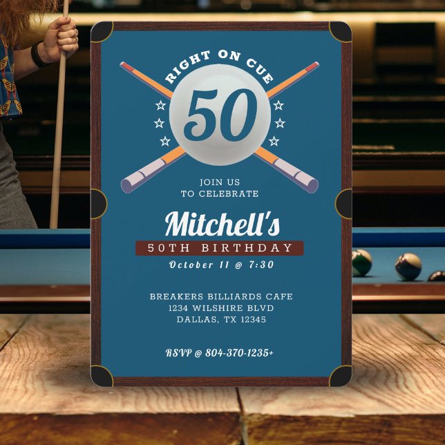 Convite Piscina Billiards 50th Festa de aniversário Blue (Pool Billiards 50th Birthday Party Blue Invitation
)