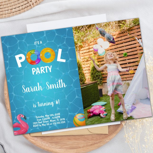 Convite Piscina de Água Flamingo Fotografia de Aniversário (Water Flamingo Pool Birthday Invitations photo)