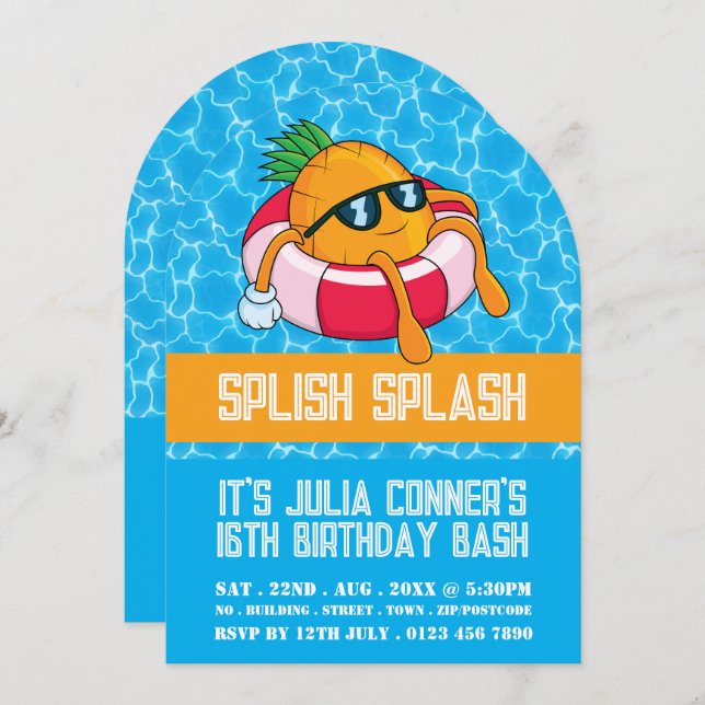 Convite Piscina de ananás flutuante, festa de Piscina (Frente/Verso)