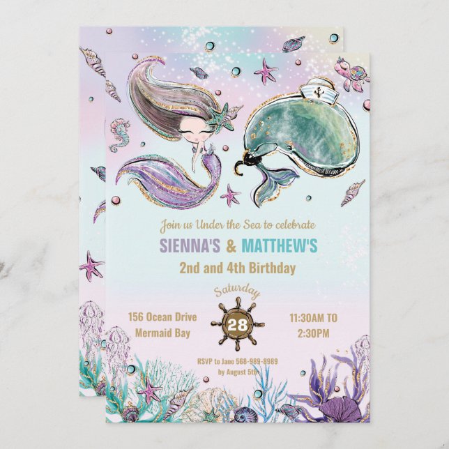 Convite Piscina de aniversário conjunta das gêmeas pirata  (Frente/Verso)