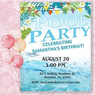 Convite Piscina de Aniversário Tropical de Adultos Con
