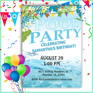 Convite Piscina de Aniversário Tropical de Adultos Con