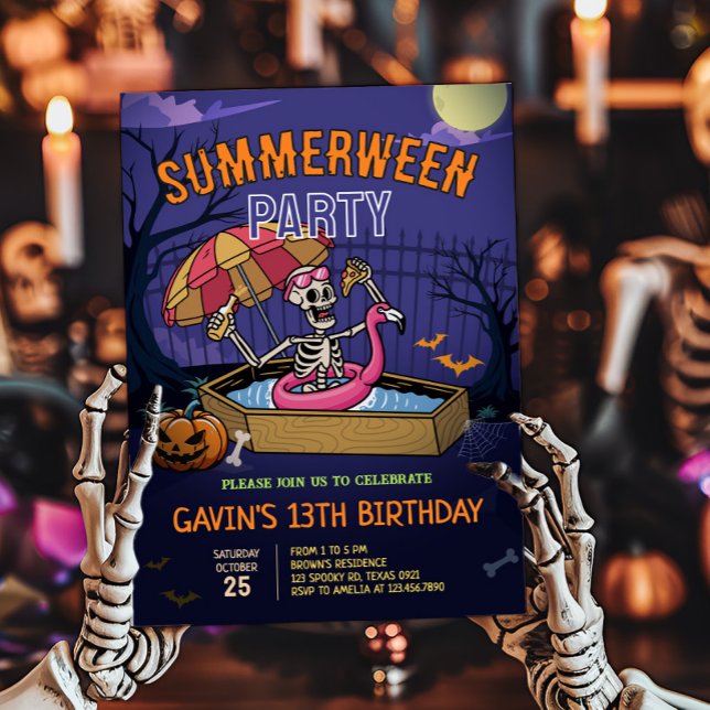 Convite Piscina de Halloween Summerbetween Birthday (Halloween Summerween Pool Birthday Invitation )
