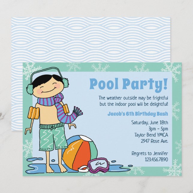 Convite Piscina de inverno Festa de Cabelo Negro Natação i (Frente/Verso)