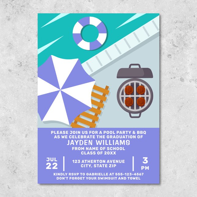 Convite Piscina de natação do CHURRASCO de graduação (Graduation pool party and BBQ invitation)