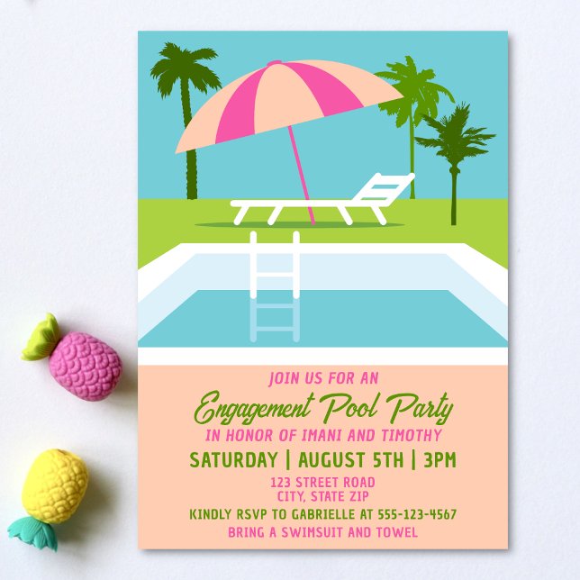 Convite Piscina de natação tropical do Partido da Piscina  (Engagement pool party invitation on a light background with tropical decorations. )