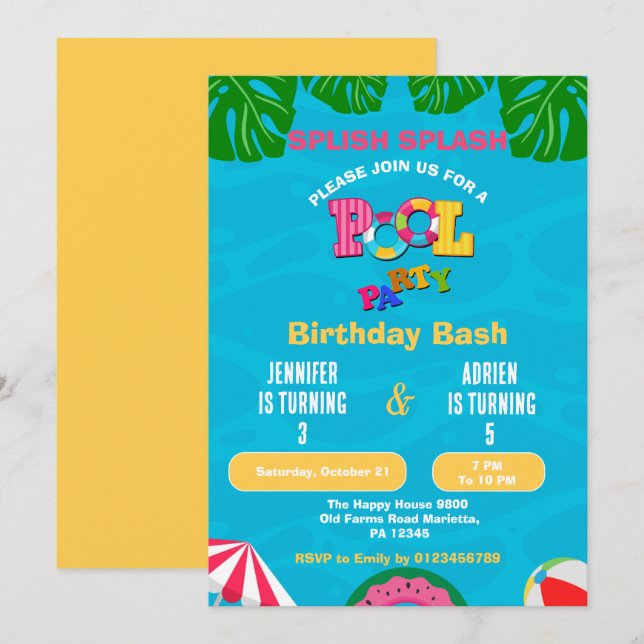 Convite Piscina de Parquinho de Aniversário Molhada e Dive (Frente/Verso)
