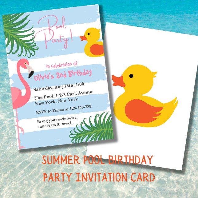 Convite Piscina de Verão, Festa de aniversário de borracha (Summer Pool Party Birthday Invitation Card. Splash !)