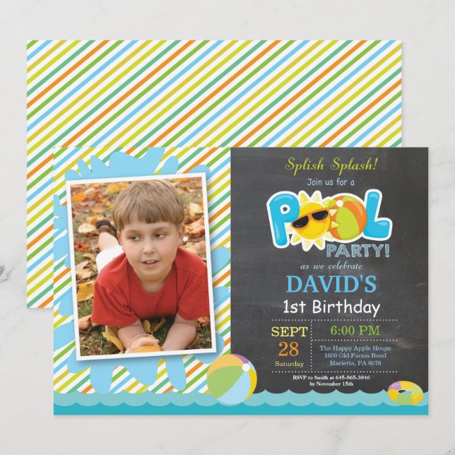 Convite Piscina Festa de Aniversário Chamado Splash Boy (Frente/Verso)