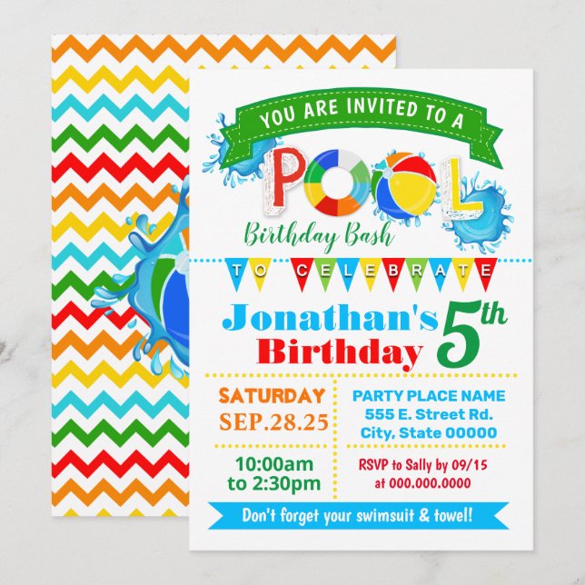 Convite Piscina festa de aniversário de verão (Frente/Verso)