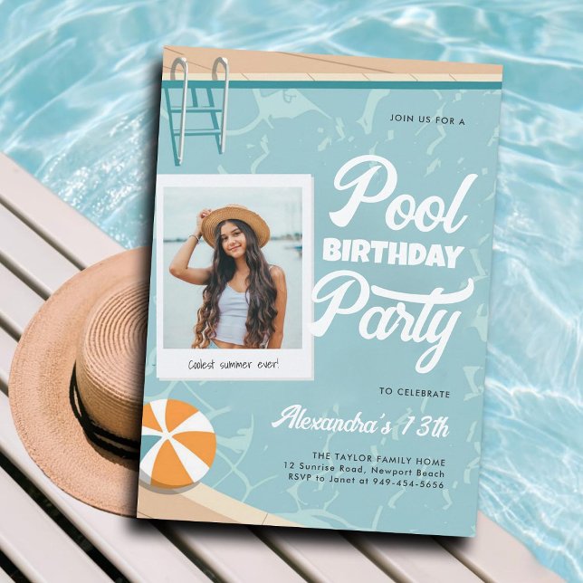 Convite Piscina Festa de aniversário Foto do Adolescente d (teen pool party invitations for girls tween thirteen photo template modern vintage cute cool chic)