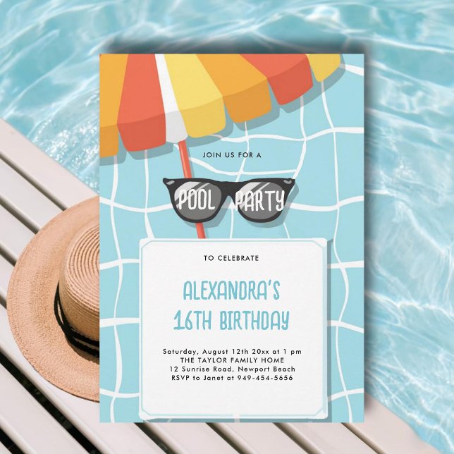 Convite Piscina Festa de aniversário Moderna Legal Adolesc (sweet 16 pool party invitations ideas modern simple pink yellow orange teal aqua cool sunglasses)