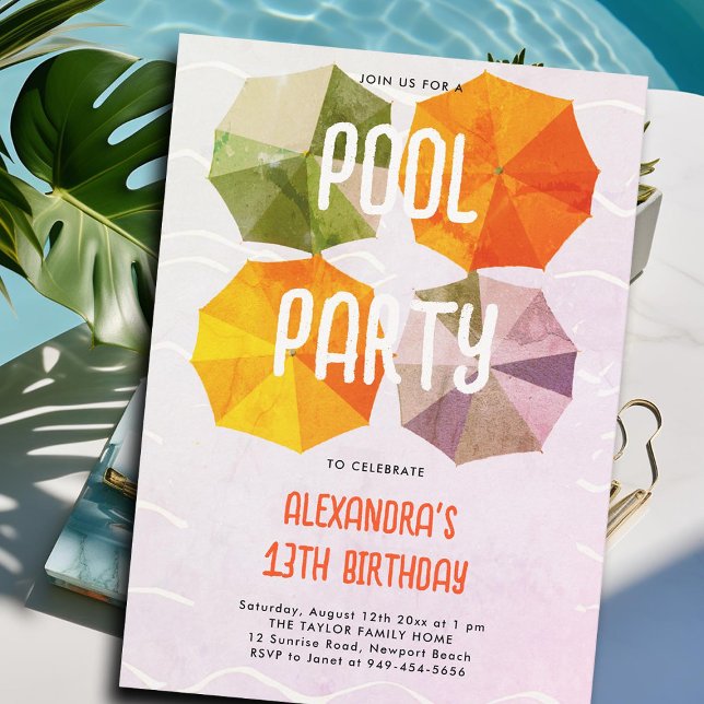 Convite Piscina Festa de aniversário Vintage Guarda-chuvas (teen pool party invitations for girls tween thirteen pink teal aqua blue umbrellas cute cool vintage)
