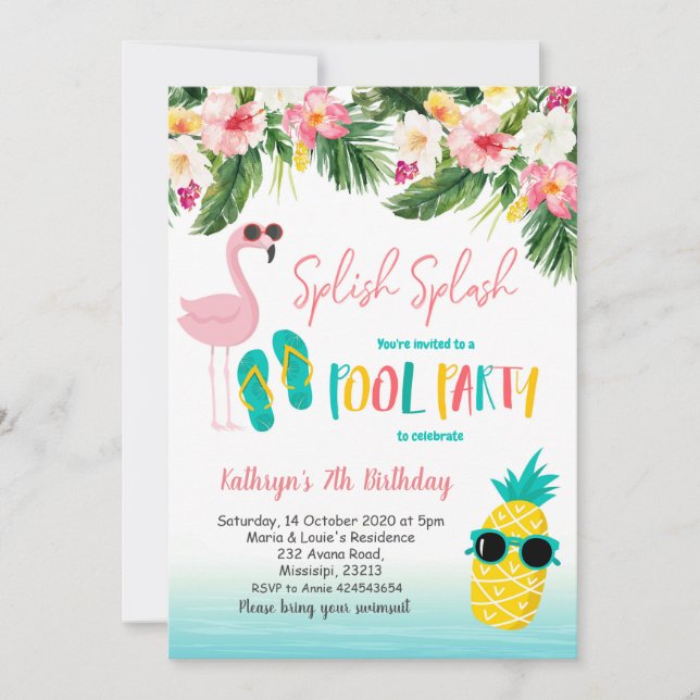 Convite Piscina Flamingo, Festa de aniversário de Verão (Frente)