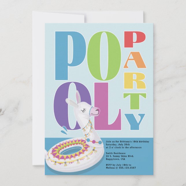 Convite Piscina Llama Festa de aniversário de Verão (Frente)