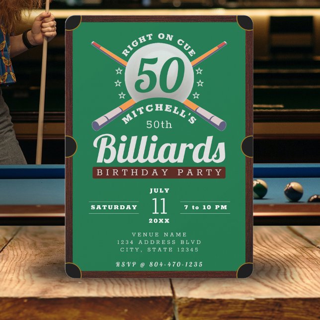 Convite Piscina Mesa Billiards 50ª Festa de aniversário (Pool Billiards 50th Birthday Party Green Invitation
)