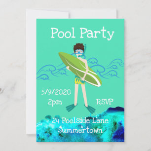 Convite Piscina Party, bonito e azul moderno