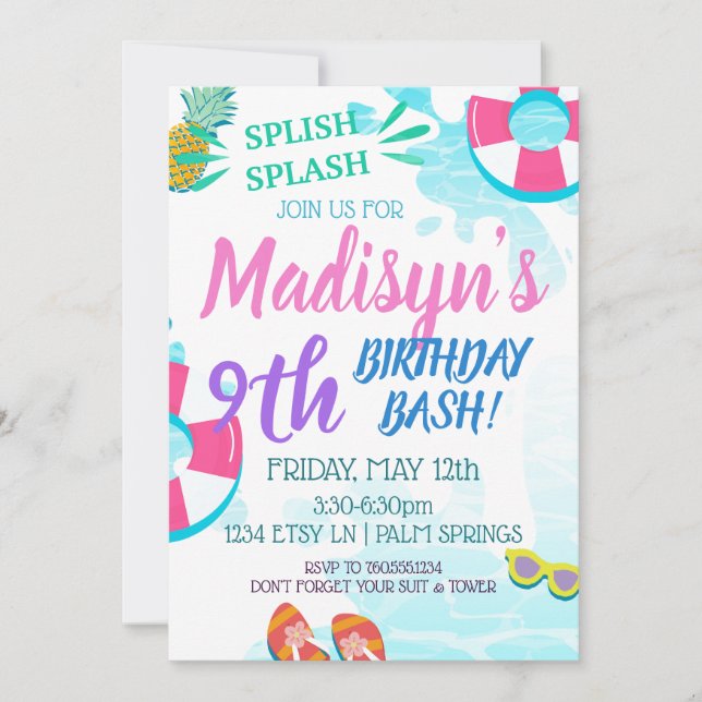 Convite Piscina Party Watercolor Splash Splash Birthday RS (Frente)