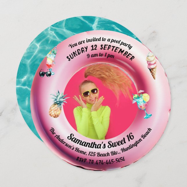 Convite Piscina Rosa Cocktail Watercolor Sweet 16 Foto (Frente/Verso)