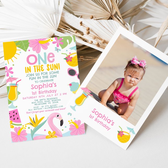 Convite Piscina Rosa Fotográfica Uma No primeiro aniversar (One In The Sun 1st Birthday Invitation Template Baby Girl, Photo Sun Themed 1st Birthday Invitation )