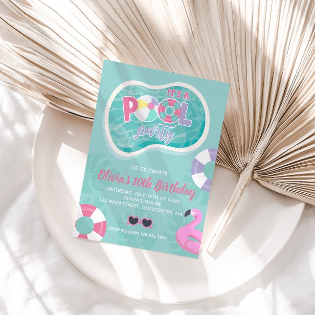 Convite Piscina rosa-piscina do partido no verão Aniversár (Criador carregado)